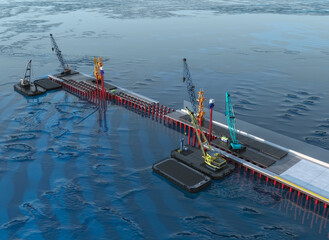 Berth construction. The scene of the construction of a berth with a pile foundation and equipment (floating and crawler crane, pontoon, drilling rig, vibration loader.  3d-rendering