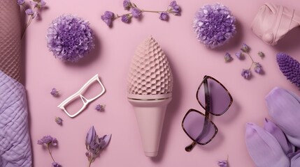  a hairdryer, sunglasses, and flowers on a pink background.  generative ai