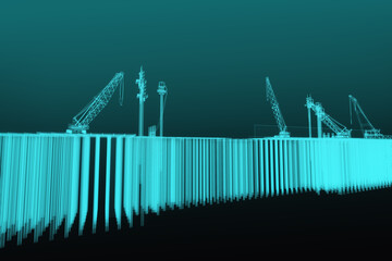 Berth construction. Scheme. The scene of the construction of a berth with a pile foundation and equipment (floating and crawler crane, pontoon, drilling rig, vibration loader.  3d-rendering