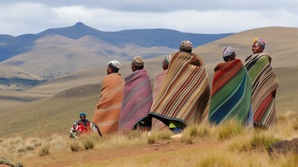 Unidentified basotho man with his horse wearing traditional blanket - Lesotho 