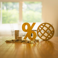 Coins stack, Percentage and Globe model on wood table, concepts for systems of raising or lowering,...