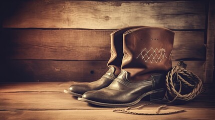 Wild West retro leather cowboy hat and old boots. Vintage style filtered photo  - obrazy, fototapety, plakaty