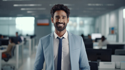 Confidence at Work: Happy Indian Bank Employee with an Engaging Look Towards the Camera in Office Setting.
