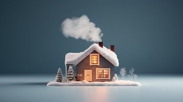 Energy efficient home heating system in operation during the chilly winter season, providing warmth and comfort to the household. The image showcases little house with wood burning furnace system.