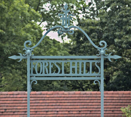 forest hills sign on the train platform (railway station in queens, long island) rail, railroad...