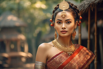 beautiful woman wearing a typical Thai dress