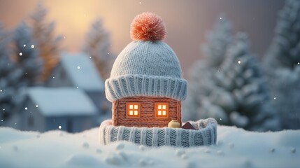 Proper insulation during the cold winter heating season. Cozy house with knitted cap placed on the roof. Energy efficiency and warmth. Save electricity with effective home insulation. - obrazy, fototapety, plakaty