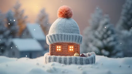Tuinposter Proper insulation during the cold winter heating season. Cozy house with knitted cap placed on the roof. Energy efficiency and warmth. Save electricity with effective home insulation. © TensorSpark