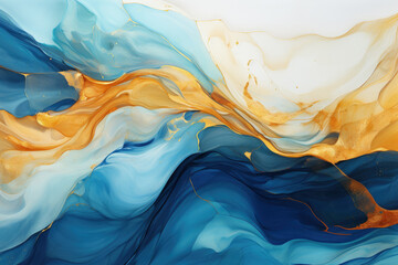 Abstract blue wave with gold lines watercolor texture painting, Generative Ai