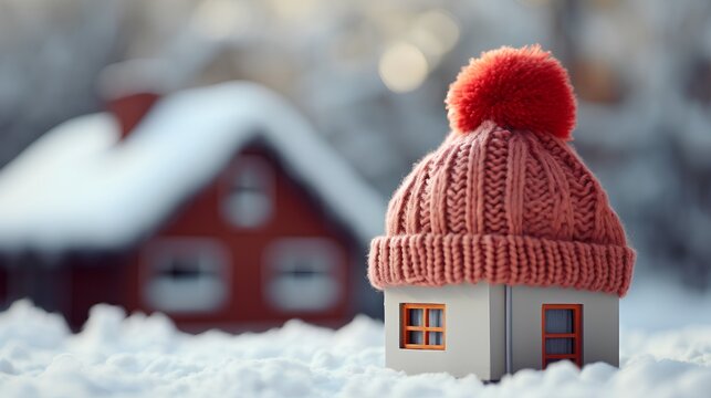 Proper insulation during the cold winter heating season. Cozy house with knitted cap placed on the roof. Energy efficiency and warmth. Save electricity with effective home insulation.