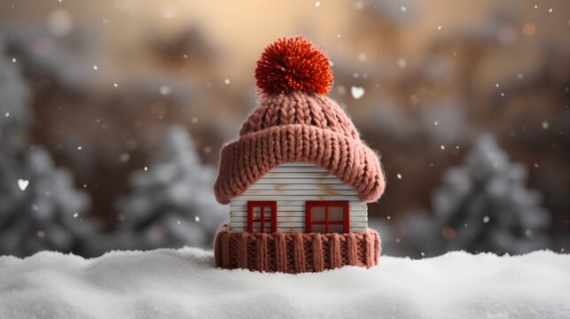 Proper insulation during the cold winter heating season. Cozy house with knitted cap placed on the roof. Energy efficiency and warmth. Save electricity with effective home insulation.