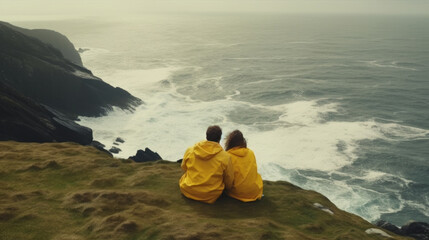 Irish Coast Adventure: Young Couple in Yellow Raincoats Against the Backdrop of Majestic Waves and...