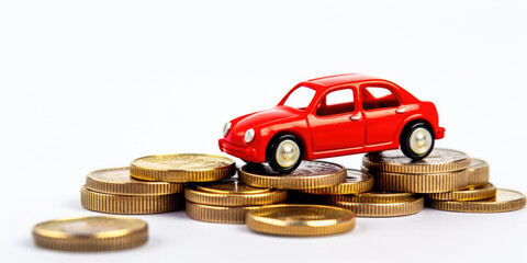 Motoring Costs illustration with red car, navigating its way over piles of coins 