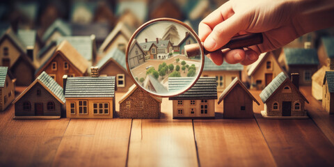 Housing market scrutiny, illustration - Magnifying glass being held over toy wooden in houses 