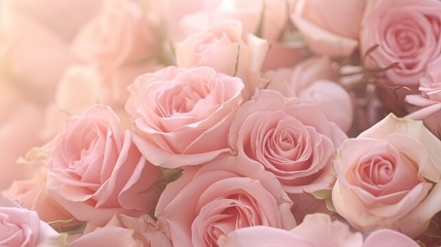  a bouquet of pink roses is shown in this image with soft lighting.  generative ai