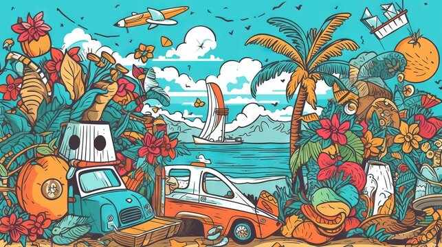 a car is parked in front of a tropical scene with a sailboat.  generative ai