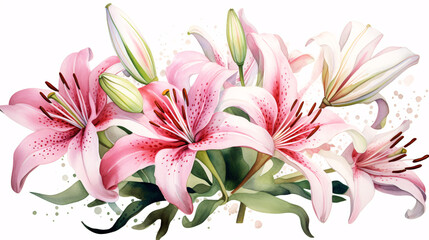White and Pink Lilies and Pink Blossoms: Realistic Watercolor with Ink and Pencil Accents.
