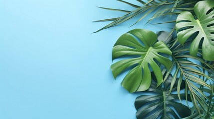 Fototapeta na wymiar a blue background with green leaves and a blue background with a green plant. generative ai