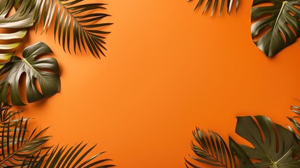 Fototapeta na wymiar tropical leaves on an orange background with a place for text. generative ai