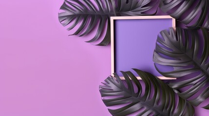  a purple background with a wooden frame surrounded by tropical leaves.  generative ai