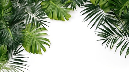  a white background with green palm leaves on the left side.  generative ai