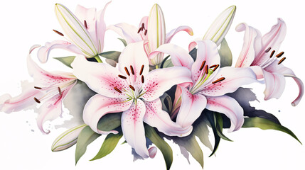 White and Pink Lilies and Pink Blossoms: Realistic Watercolor with Ink and Pencil Accents.