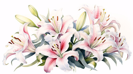 Fototapeta premium White and Pink Lilies and Pink Blossoms: Realistic Watercolor with Ink and Pencil Accents.
