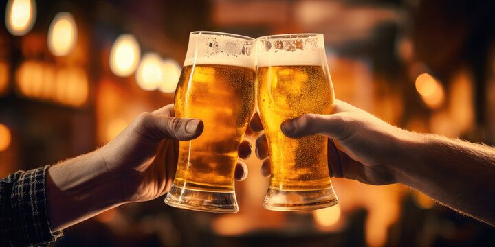 Two beer glasses, clinking together in a celebratory salute