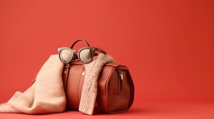  a pair of sunglasses and a bag on a red background.  generative ai