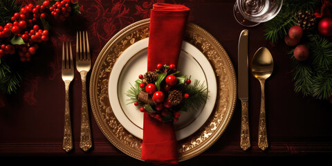 Christmas table setting with gold and red adornments