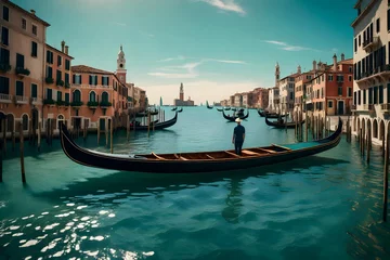 Tuinposter "Tranquil Evening View of Venice with Gondola on Grand Canal" Generative AI © HijabZohra