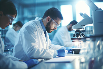 Scientist conducting medical research in a laboratory using advanced technology and scientific equipment.