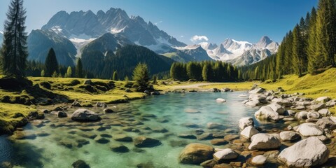 Idyllic Alpine Beauty: A Clear Blue Lake Nestled Amidst the Majestic Dolomites - obrazy, fototapety, plakaty