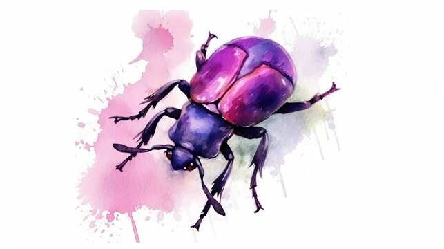  a watercolor painting of a purple beetle on a white background.  generative ai