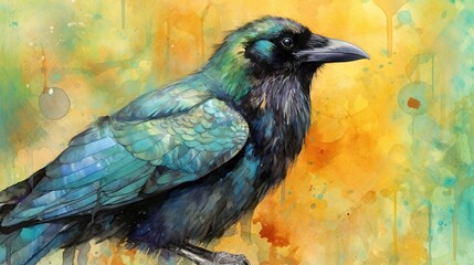  a painting of a blue bird sitting on a branch with a yellow background.  generative ai