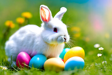 Obraz premium A white bunny with multicolor Easter eggs, blurred meadow flowers in an affectionate moment, blurred green grass and blue sky