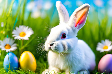 Obraz premium A white bunny with multicolor Easter eggs, blurred meadow flowers in an affectionate moment, blurred green grass and blue sky