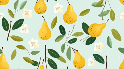 seamless pattern with cute pears with leaves,a simple design for baby room decor and nursery decoration.cartoon fruits illustrations for nursery decor.  