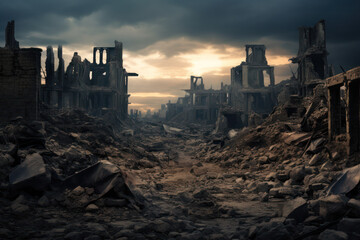 War-Torn Cityscape, Haunting Ruins of a Once-Thriving Metropolis - obrazy, fototapety, plakaty