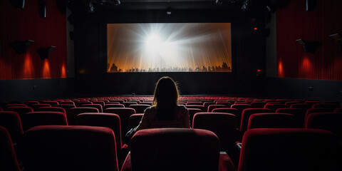 One person sitting in empty cinema - obrazy, fototapety, plakaty