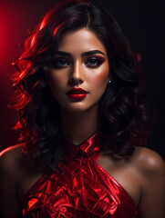 Fototapeta premium Beautiful Lady. Fashion Portrait of Perfect Woman with Brunette Hair and Event Makeup. Curly Hairstyle, Red Lips, and Red Rose Flower