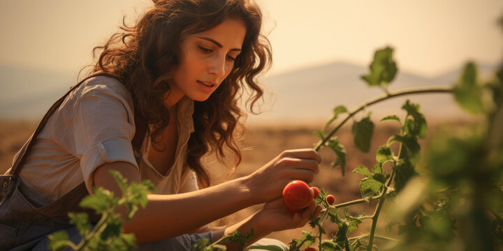 Spanish woman picking tomatoes