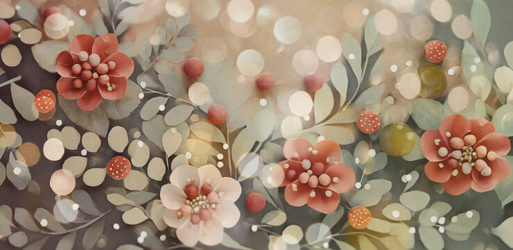 illustrazione floreale a tema autunnale, fiori e bacche con elementi decorativi e aloni di luce