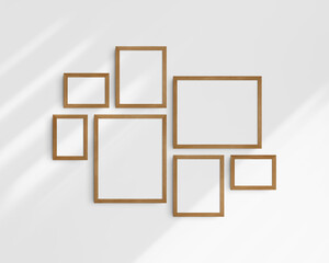 Gallery wall mockup set, 7 cherry wooden frames. Modern frame mockup. Horizontal, vertical frames, 5x7 (5:7), 7x5 (7:5), 8x10 (4:5), 12x15 (4:5), 15x12 (5:4) inches. White wall with shadows.
