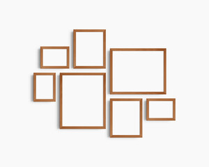 Gallery wall mockup set, 7 cherry wooden frames. Modern frame mockup. Horizontal, vertical frames, 5x7 (5:7), 7x5 (7:5), 8x10 (4:5), 12x15 (4:5), 15x12 (5:4) inches. White wall.