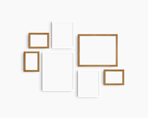 Gallery wall mockup set, 7 white and cherry wood frames. Modern frame mockup. Horizontal, vertical frames, 5x7 (5:7), 7x5 (7:5), 8x10 (4:5), 12x15 (4:5), 15x12 (5:4) inches. White wall.