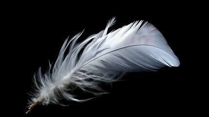  a white feather floating in the air on a black background.  generative ai