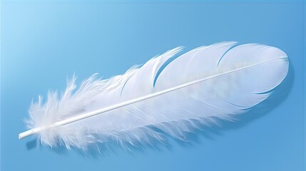  a white feather on a blue background with a reflection of the sky.  generative ai