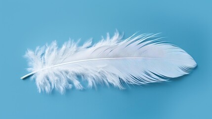  a white feather on a blue background with a small drop of water.  generative ai