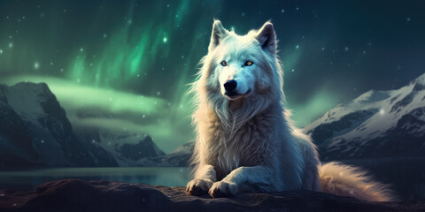 White wolf at night, illuminated by the Northern Lights  - obrazy, fototapety, plakaty